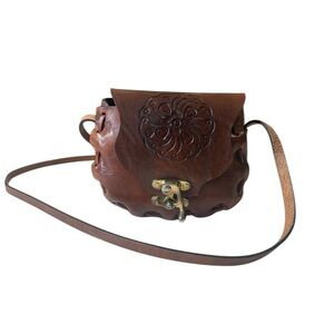 Vintage Tooled Genuine Leather Festival Saddle Bag Mini Purse Toggle Closure